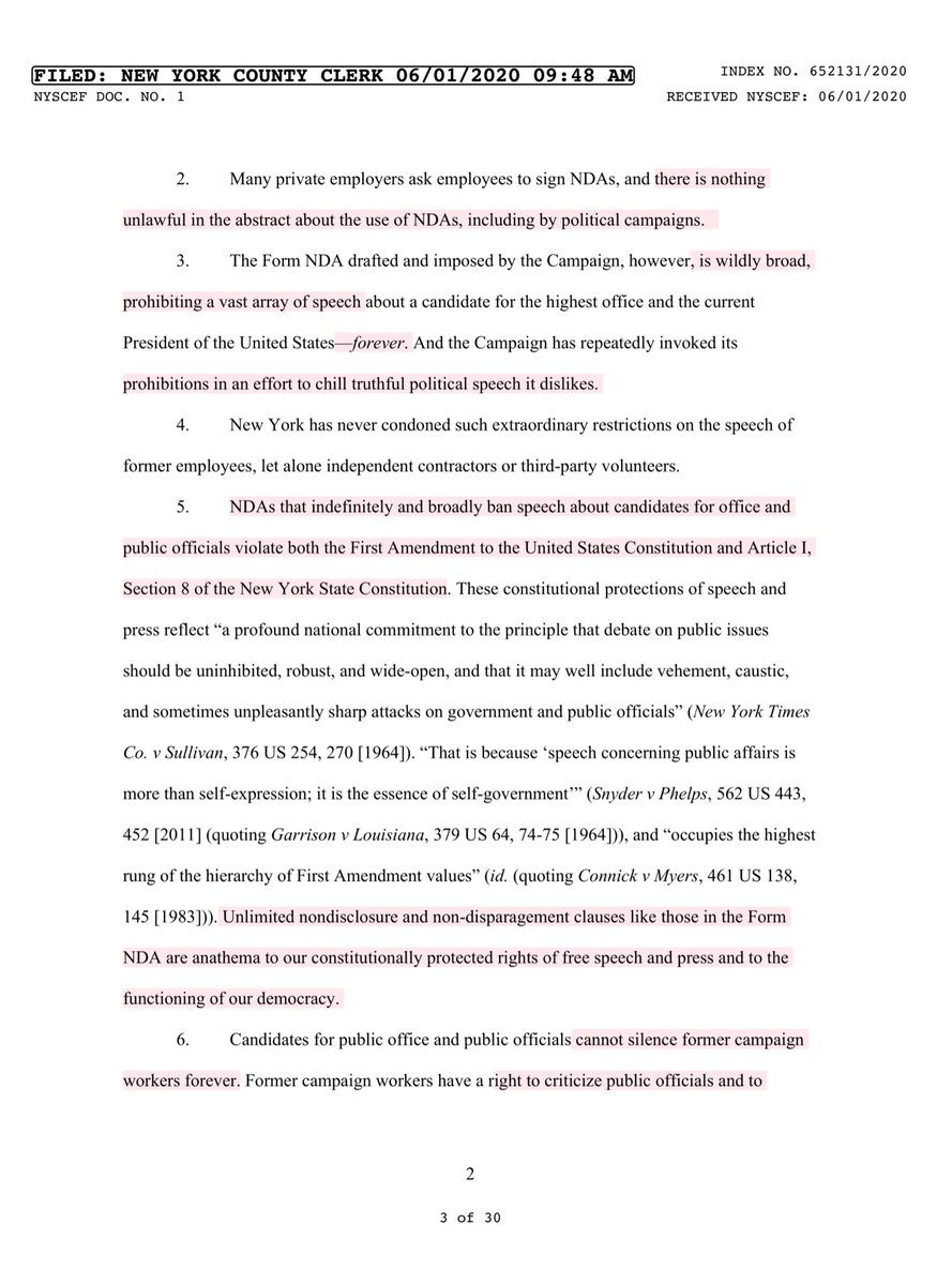 Original Complaint filed in NYS -June 2020NDA 2 provisionsprohibits disclosing any information “that Mr. Trump insists remain private.” -non-disparagement clause, prevents them from ever “demean[ing] or disparag[ing] publicly” President Trump... https://iapps.courts.state.ny.us/fbem/DocumentDisplayServlet?documentId=b5/RBI_PLUS_k6Zz3D8_PLUS_QSWuT3Q==&system=prod