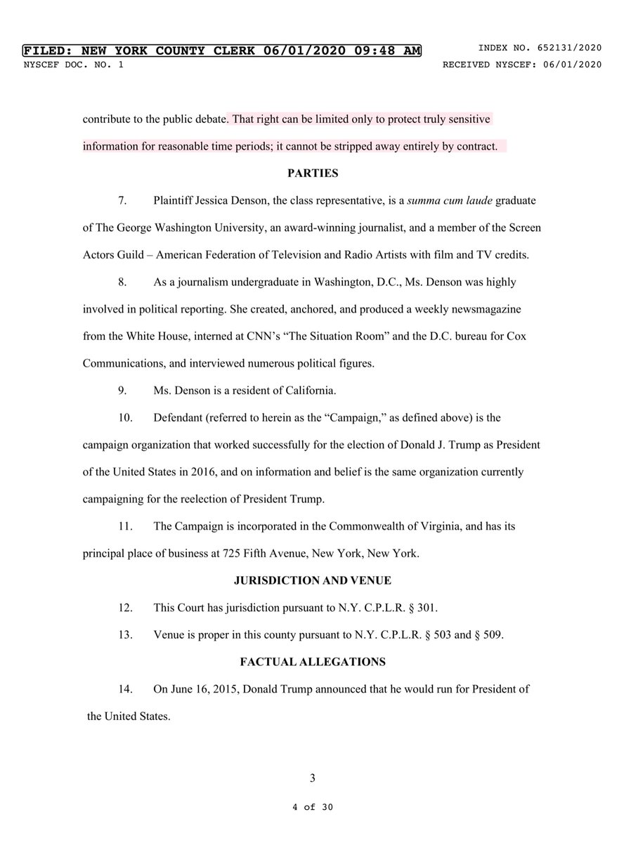 Original Complaint filed in NYS -June 2020NDA 2 provisionsprohibits disclosing any information “that Mr. Trump insists remain private.” -non-disparagement clause, prevents them from ever “demean[ing] or disparag[ing] publicly” President Trump... https://iapps.courts.state.ny.us/fbem/DocumentDisplayServlet?documentId=b5/RBI_PLUS_k6Zz3D8_PLUS_QSWuT3Q==&system=prod
