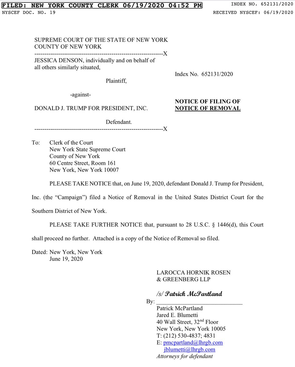 June 19 2020  @realDonaldTrump filedNotice of Removal & Remand, to a Fed District CourtIt should be noted that  @realDonaldTrump has an NDA & a “side” NDA-term is essentially in perpetuity-Mandatory Arbitration IMO - it is a pretty board & shitty NDA https://iapps.courts.state.ny.us/fbem/DocumentDisplayServlet?documentId=8280R1A6nyuFstBhn/2OGA==&system=prod