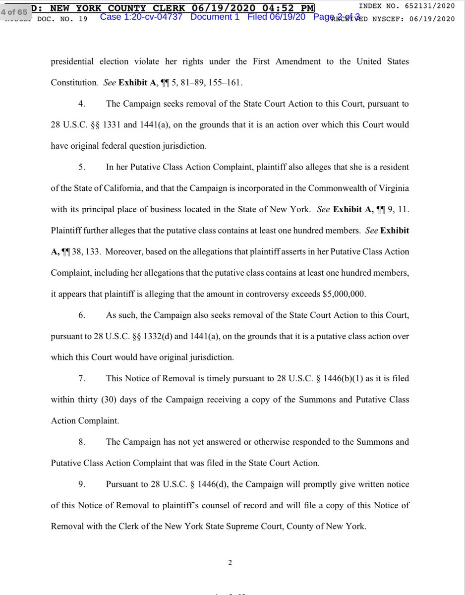 June 19 2020  @realDonaldTrump filedNotice of Removal & Remand, to a Fed District CourtIt should be noted that  @realDonaldTrump has an NDA & a “side” NDA-term is essentially in perpetuity-Mandatory Arbitration IMO - it is a pretty board & shitty NDA https://iapps.courts.state.ny.us/fbem/DocumentDisplayServlet?documentId=8280R1A6nyuFstBhn/2OGA==&system=prod
