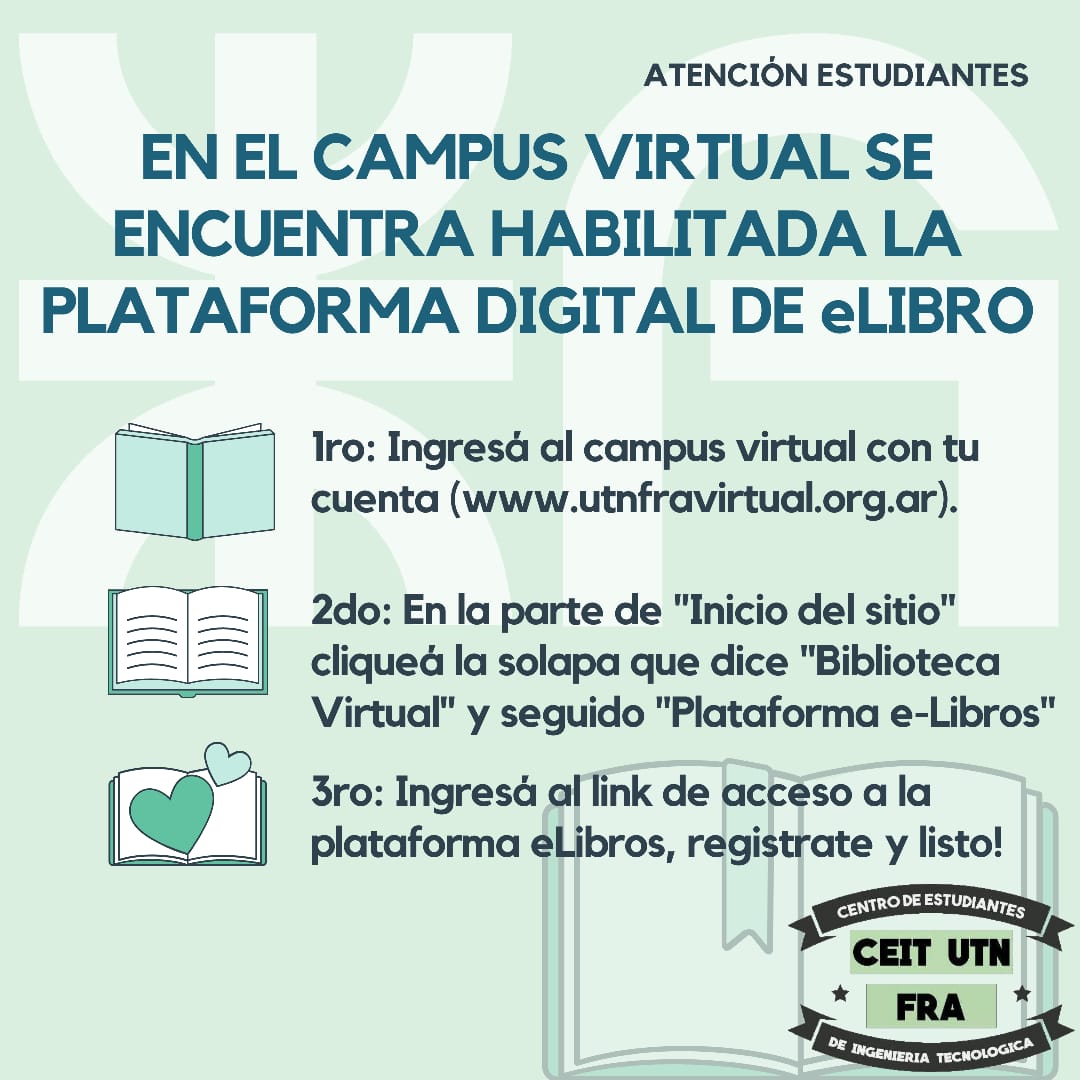 Les queremos contar que se encuentra habilitada, en el campus virtual de la facultad, la plataforma digital eLibro.

📚En el flyer les indicamos como acceder y comenzar a utilizar la Biblioteca.