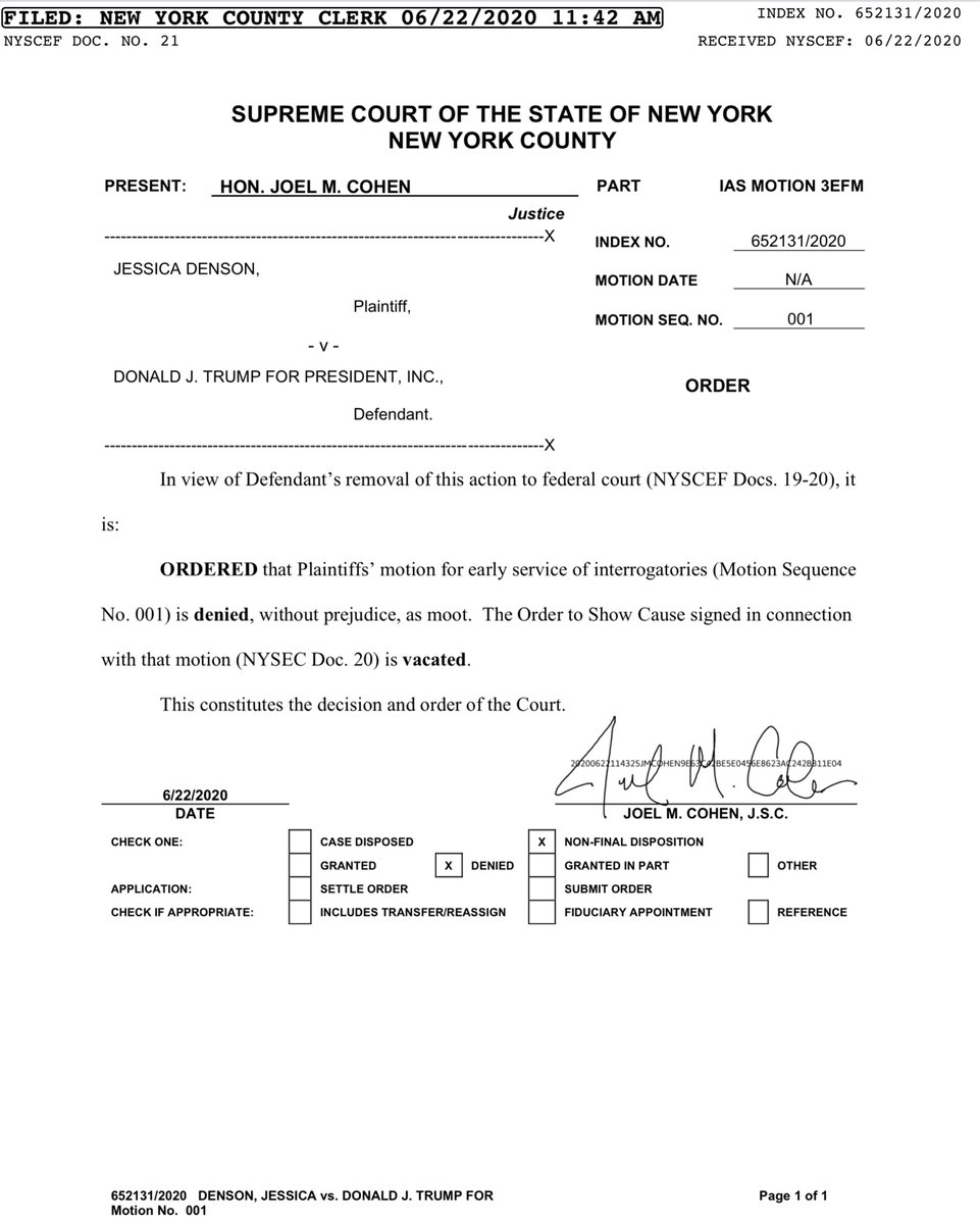 A few days later the NYS Judge issued this Order re Denson’s Show Cause Motion Specifically on June 22, 2020 at 11:11AM https://iapps.courts.state.ny.us/fbem/DocumentDisplayServlet?documentId=QLjjIWwxM7RKHhzPQMjytQ==&system=prodThen the NYS Judge issued this Order at 11:42AM reversing course  https://iapps.courts.state.ny.us/fbem/DocumentDisplayServlet?documentId=_PLUS_mBmEmc1UvuvWPgTeIkpBA==&system=prod