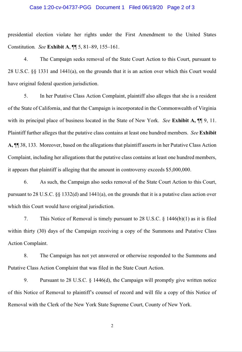 which now brings us to the SDNY Case/ComplaintJessica Denson v. Donald J. Trump For President, IncCase No 1:20-cv-04737Notice of Removal  https://ecf.nysd.uscourts.gov/doc1/127127084021Exhibit A https://ecf.nysd.uscourts.gov/doc1/127027084022?caseid=539000