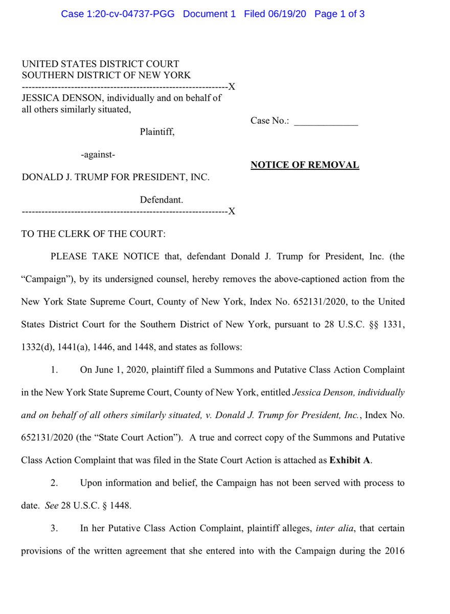 which now brings us to the SDNY Case/ComplaintJessica Denson v. Donald J. Trump For President, IncCase No 1:20-cv-04737Notice of Removal  https://ecf.nysd.uscourts.gov/doc1/127127084021Exhibit A https://ecf.nysd.uscourts.gov/doc1/127027084022?caseid=539000