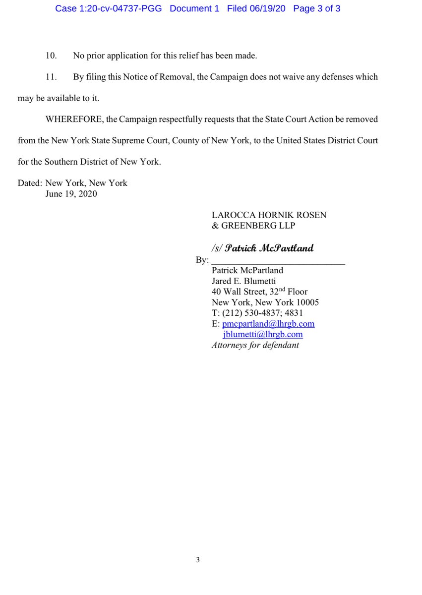 which now brings us to the SDNY Case/ComplaintJessica Denson v. Donald J. Trump For President, IncCase No 1:20-cv-04737Notice of Removal  https://ecf.nysd.uscourts.gov/doc1/127127084021Exhibit A https://ecf.nysd.uscourts.gov/doc1/127027084022?caseid=539000