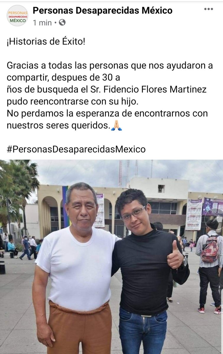 MexicoPersonas's tweet photo. ¡Historias de Éxito!

Gracias a todas las personas que nos ayudaron a compartir, despues de 30 a
ños de busqueda el Sr. Fidencio Flores Martinez pudo reencontrarse con su hijo.
No perdamos la esperanza de encontrarnos con nuestros seres queridos.🙏🏻

#PersonasDesaparecidasMexico https://t.co/SJZHugZcSh