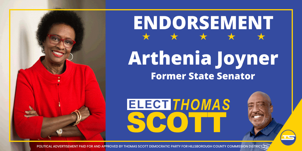 ElectTScott's tweet photo. Endorsement Alert! We are honored to have the endorsement of one of our most influential community leaders, Former Senator Arthenia Joyner. She has always worked to be a voice for the community she represented. We are grateful to have her support!

#District3 #ElectThomasScott https://t.co/xuoGXdDmvM