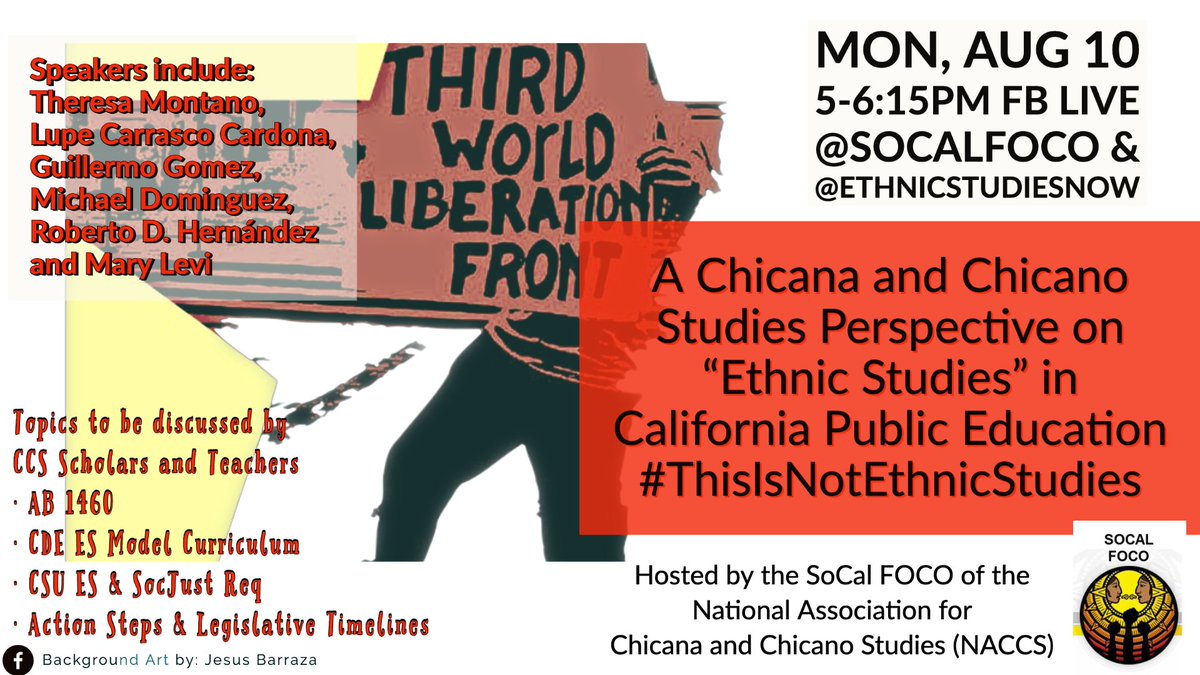 Tune in Monday, Aug 10 at 5:00PM for A Chicana and Chicano Studies Perspective on "Ethnic Studies" Legislation in California Public Education: #ThisisNotEthnicStudies

The webinar will be streamed live on Facebook @EthnicStudiesNow and @SoCalFOCO.