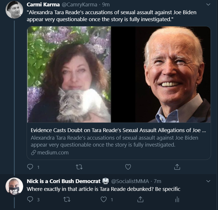 SocialistMMA's tweet photo. Biden bros literally cannot debunk Tara Reade 😂 https://t.co/9SqMn1X9M4