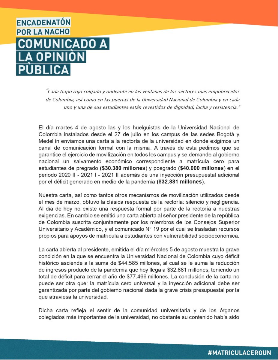 FUNComisiones's tweet photo. Comunicado de los huelguistas de @UNALOficial mientras el gobierno guarda silencio y las directivas de la u agravan la crisis presupuestal de la misma, los estudiantes seguimos en pie de lucha.
#MatriCulaCero #SalvamentoPresupuestal https://t.co/1KHdiCsvX1