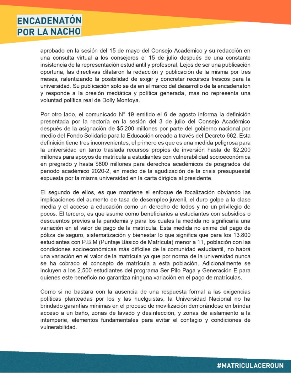 FUNComisiones's tweet photo. Comunicado de los huelguistas de @UNALOficial mientras el gobierno guarda silencio y las directivas de la u agravan la crisis presupuestal de la misma, los estudiantes seguimos en pie de lucha.
#MatriCulaCero #SalvamentoPresupuestal https://t.co/1KHdiCsvX1