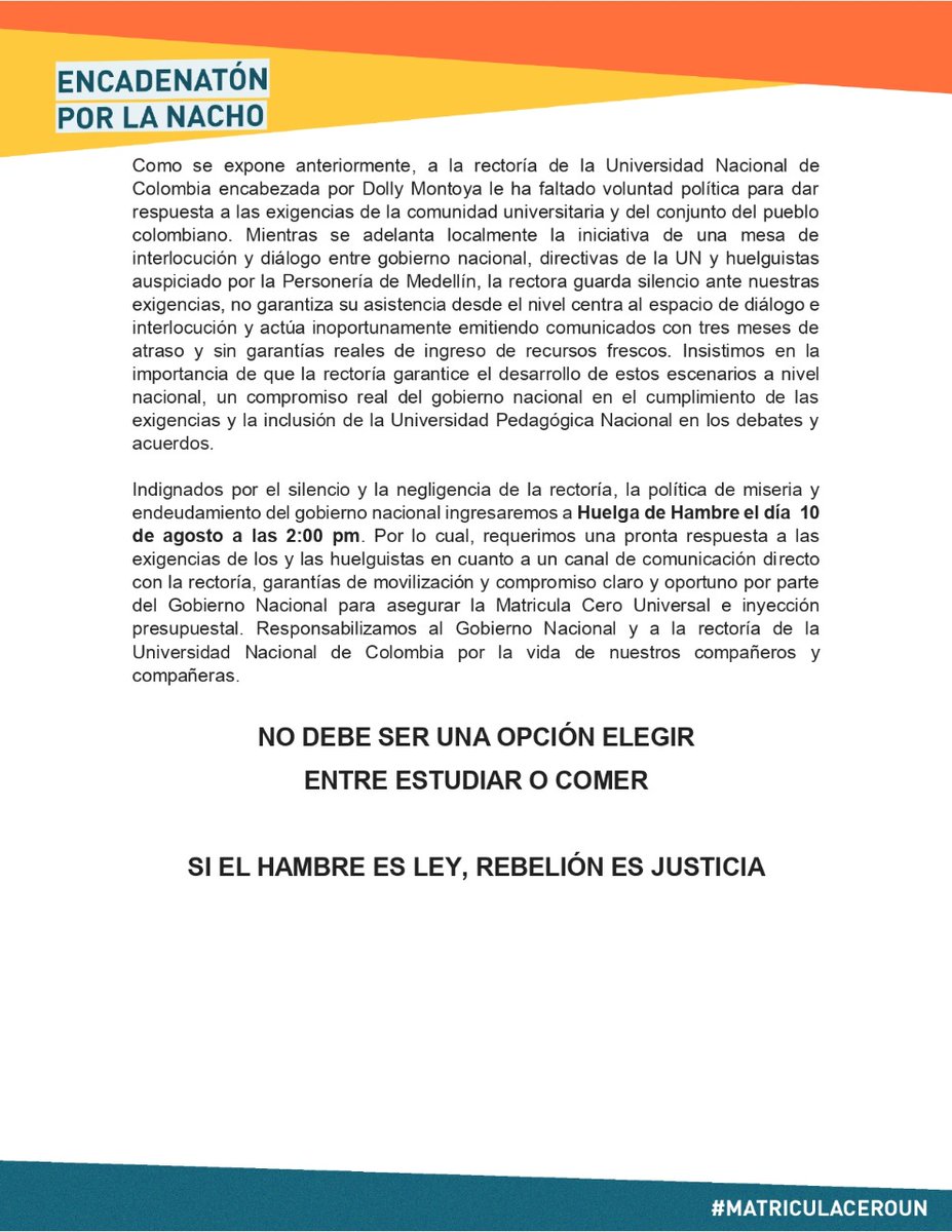 FUNComisiones's tweet photo. Comunicado de los huelguistas de @UNALOficial mientras el gobierno guarda silencio y las directivas de la u agravan la crisis presupuestal de la misma, los estudiantes seguimos en pie de lucha.
#MatriCulaCero #SalvamentoPresupuestal https://t.co/1KHdiCsvX1