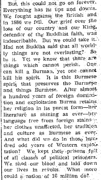 This letter is from Saw Hla Pe, who says he's a Burmese state scholar and wants to educate Japanese readers about the Burmese history. Like many letters, there's mention of British imperialism, as well as emphasis on Buddhism.