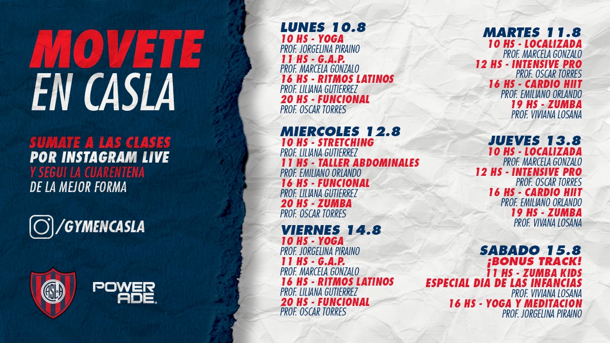 SanLorenzo's tweet photo. #MoveteEnCASLA 🔵🏠🔴
😉 ¡A prepararse, Cuervas y Cuervos, que mañana continúan las clases por IG Live! 👇
📲 https://t.co/CVx93FCGHH
🏋️♀️🏋️♂️ Funcional
🤸♀️🤸♂️ Stretching
🦵 Cardio HIIT
💃🕺 Ritmos Latinos
🧘♀️🧘♂️ Yoga
📅 Chequeá la agenda completa hasta el sábado 👇 https://t.co/qrNQM23yHN