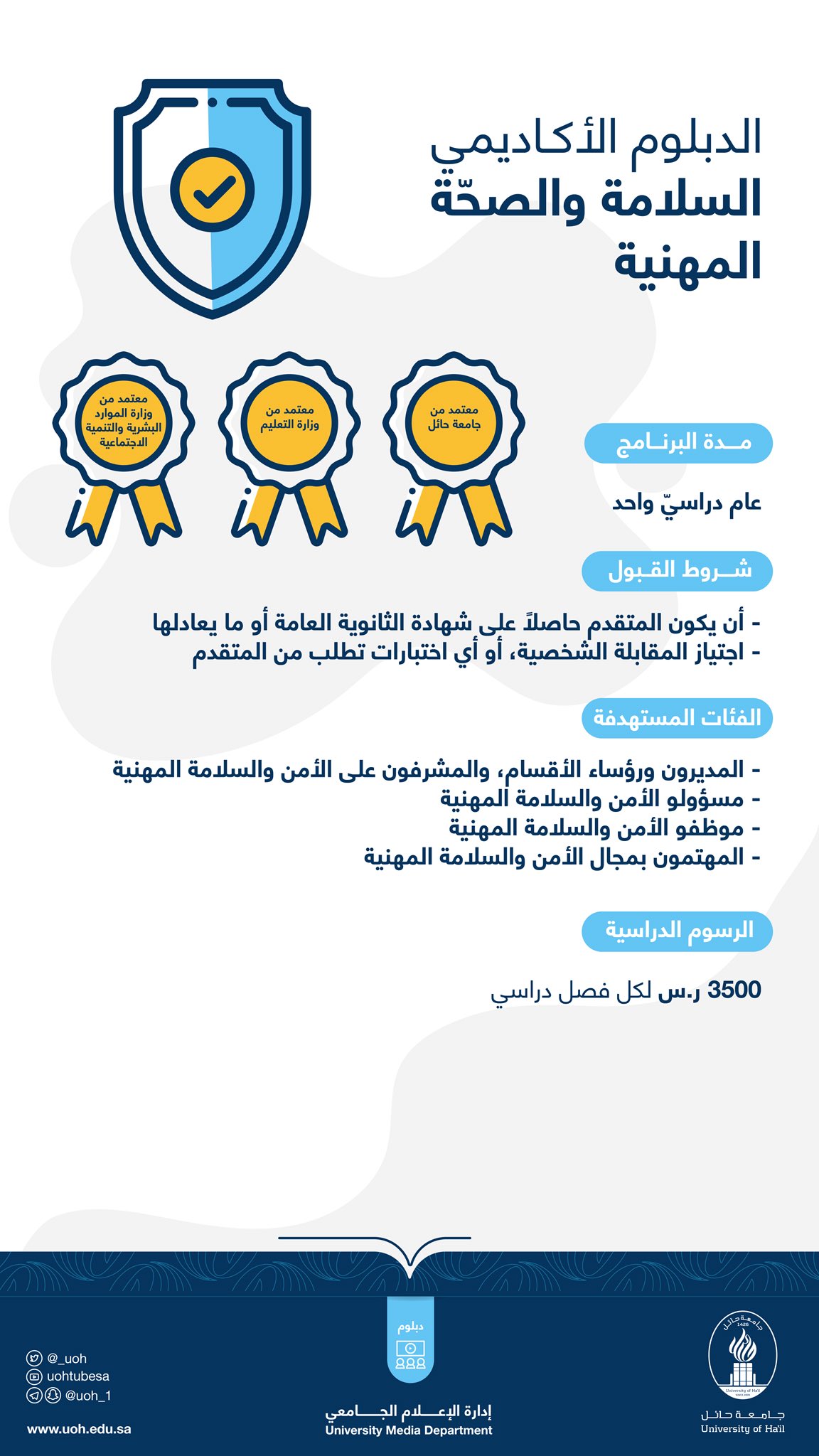 جامعة حائل ٹوئٹر پر دبلوم معلومات للراغبين في التسجيل ببرنامج الدبلوم الأكاديمي في السلامة والصحة المهنية عبر الرابط الآتي Https T Co Xizc2hiqzx جامعة حائل Https T Co Qsnbz7dpwb