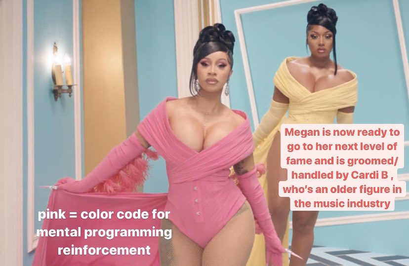 Now, let’s go back to the subject. What’s this all about ? The clip is a representation of the ritual/initiation of Megan Thee Stallion by Cardi B. Cardi B the "handler" guiding Megan through her mental programming which is represented by the "crooked" mansion