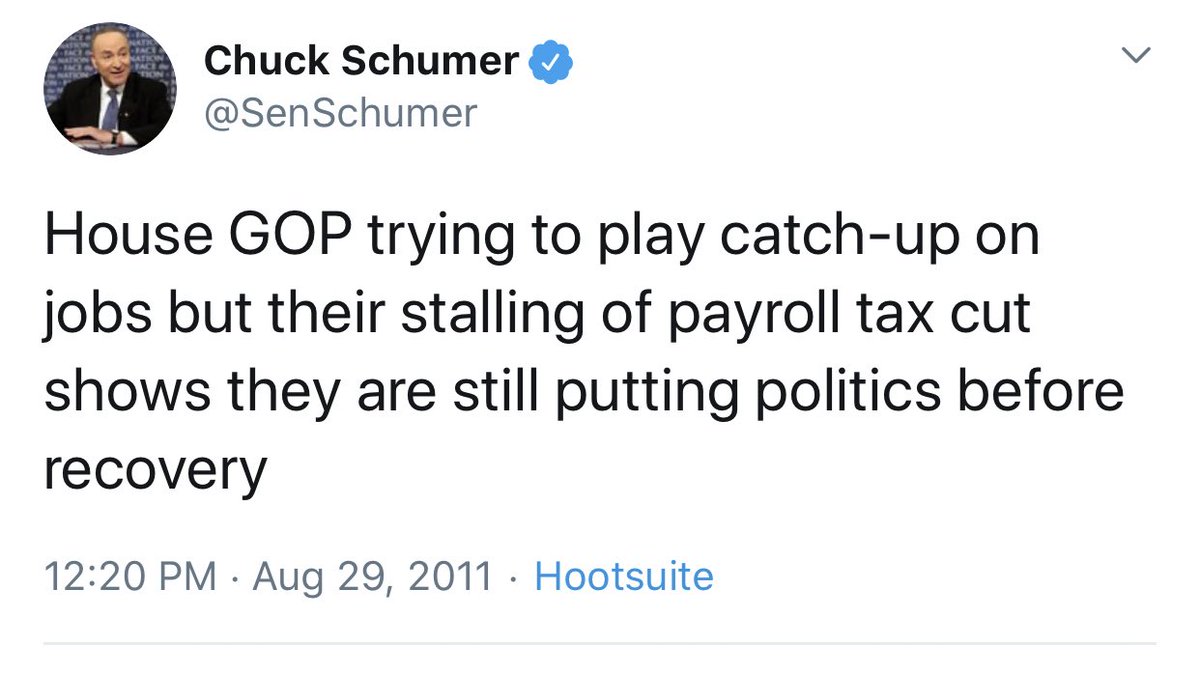 Democrats are attacking him for suspending the payroll tax, but they used to sing a VERY different tune:Chuck Schumer, ever the hypocrite, said in 2011 that if you were stalling a payroll tax cut, you were “putting politics before recovery.”