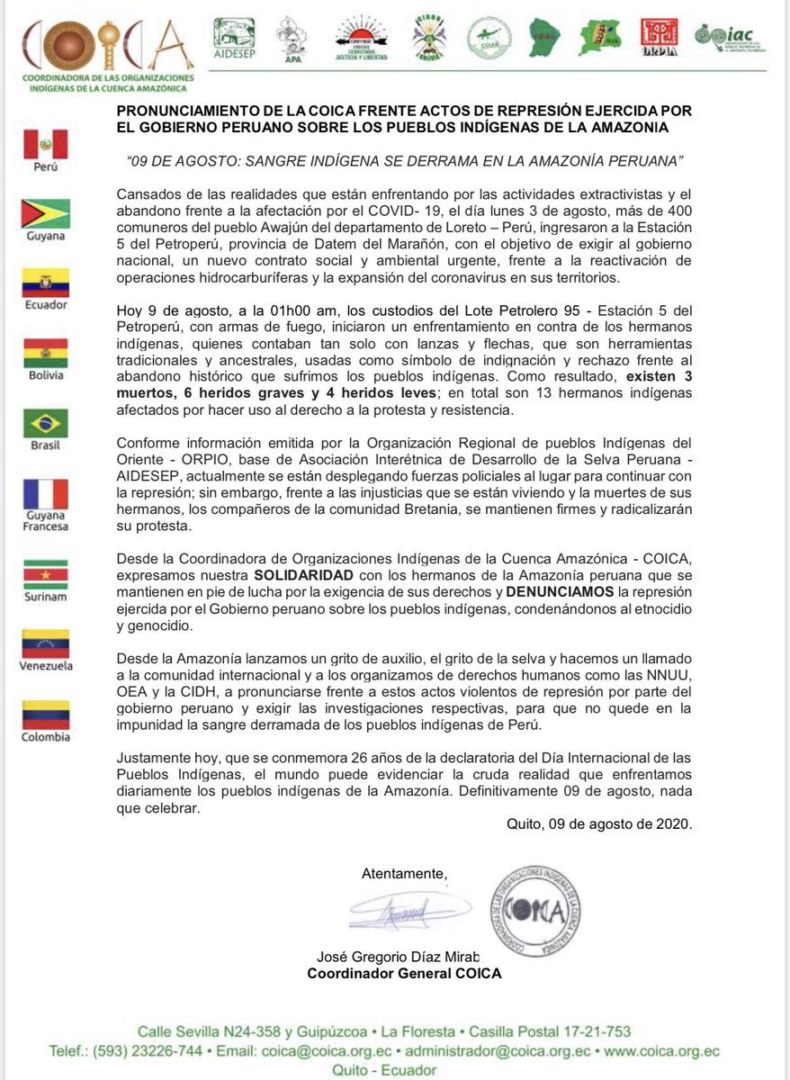 #URGENTE | COICA FRENTE A ACTOS DE REPRESIÓN EJERCIDA POR EL GOBIERNO PERUANO SOBRE LOS PUEBLOS INDÍGENAS DE LA AMAZONIA: Como resultado, existen 3 muertos, 6 heridos graves y 4 heridos leves / bit.ly/31B3vTl @aidesep_org @MartinVizcarraC