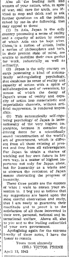 A certain Dr. Victor Frene sent several letters. Here are two of them. Unlike other readers whose letters primarily showed concern about Western imperialism, Frene's letters seem to display an obsession with Japanese 'uniqueness'.