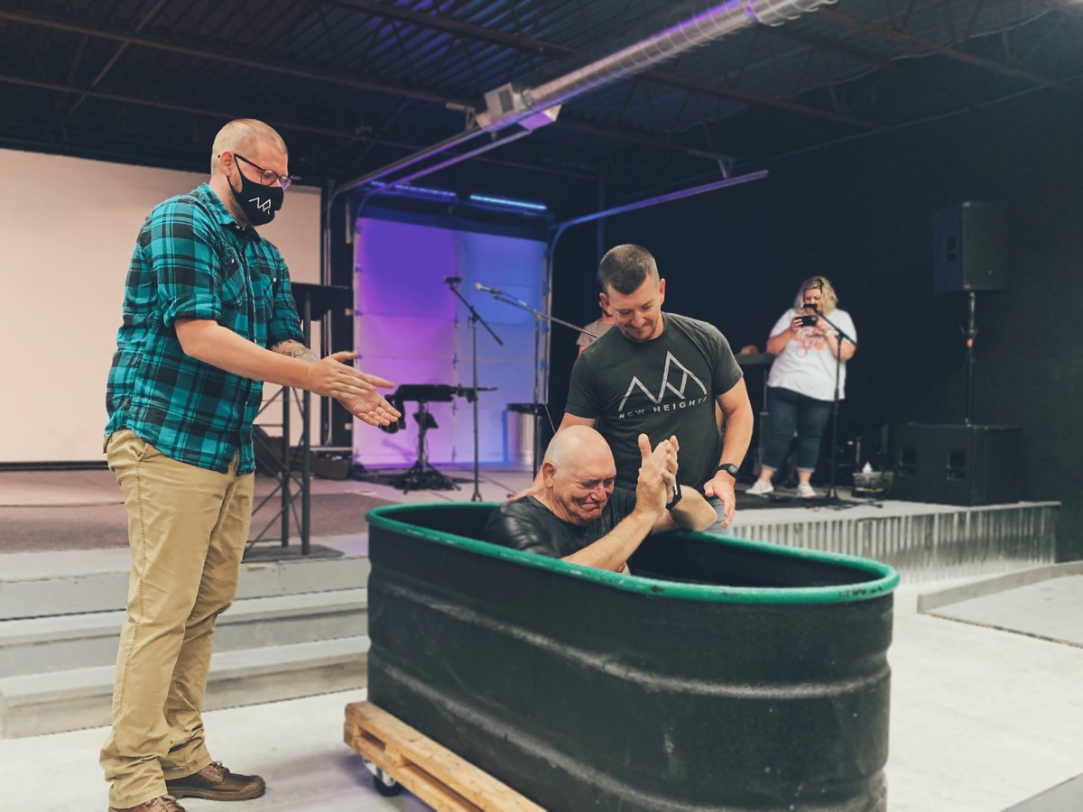 NewHeightsWV's tweet photo. Raymond is 73 years young and came to Christ this year. With the pandemic, heβs been anxiously awaiting baptism and he went public with his faith today. Deacon Travis (his son) helped baptize him. ππππ #NHloop https://t.co/dnpmBhJhHD