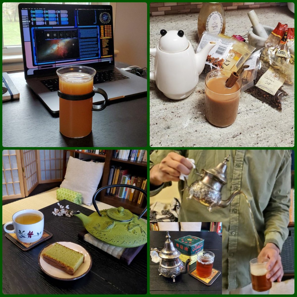 Wow. This was my 100th daily/nightly tea time post -- 100 days (not counting weekends), no exact repeats.I'm going to keep going, as this continues to be one of the most relaxing and peaceful times of my day.A collage of a few highlights below.