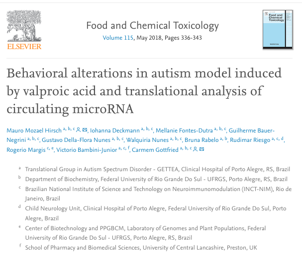 Research article: Behavioral alterations in autism model induced by valproic acid and translational analysis of circulating microRNA. | <a href="/CarmemGottfried/">Carmem Gottfried</a> | via <a href="/ElsevierConnect/">Elsevier</a>
#Autism #microRNA #Resveratrol #Valproate #SocialBehavior #TranslationalResearch
doi.org/10.1016/j.fct.…