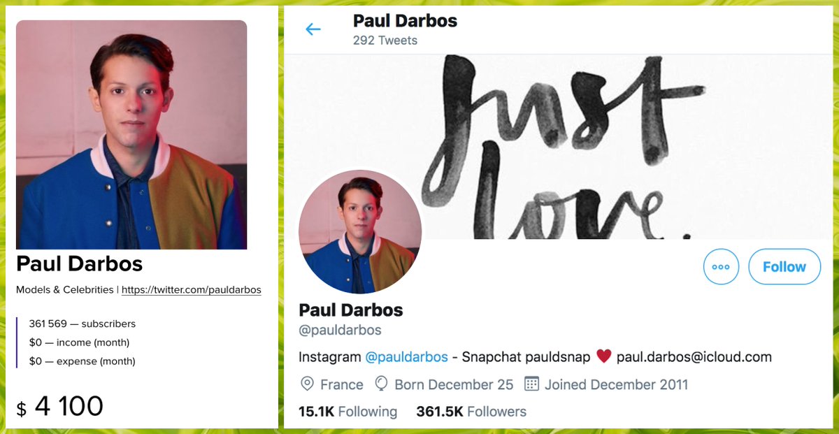 At $4100,  @pauldarbos (permanent ID 442321695) is the most expensive secondhand Twitter account we've seen thus far. Only ~25K of its 361K followers are real, however - the rest are part of a fake engagement network we've previously described.  https://twitter.com/conspirator0/status/1284141301932359681