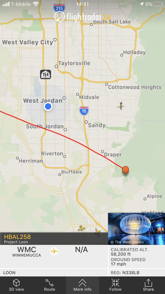 SLCScanner's tweet photo. #GoogleBalloon #HBAL258 Cruising over #WestJordan at 57,000ft. This is my first time ever getting a picture of it. It took off from #Winnemucca #Nevada #Google #Balloon #SLC #Utah #utwx https://t.co/jBrihOddOA