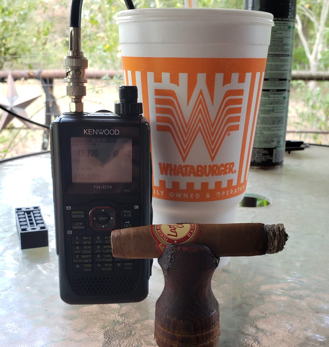 CigarsNJeeps's tweet photo. Chilling (wrong word to use in Texas this time of year) on the back porch after passing my #hamradio #generalexam #glaarg #onlinetesting #hamstudydotorg https://t.co/e490p9CLlP