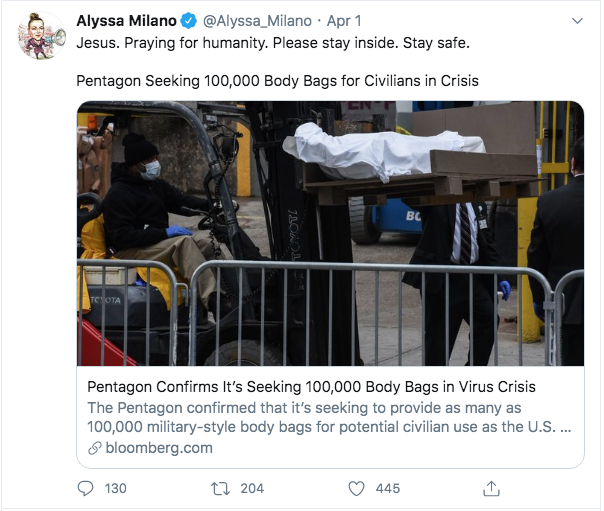 Dan_Donovan_17's tweet photo. @Alyssa_Milano @teesmiley3 @Alecledd There needed to be a shelter in place NOW, except for the Hollywood elite who get to go on planes and spread the virus to other people (note if she got the virus before, SHE was spreading it on the plane) to others... without her knitted mask which didn't appear till May.  SMH https://t.co/bBlR8yCUU0
