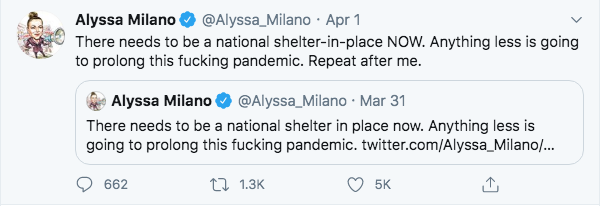 Dan_Donovan_17's tweet photo. @Alyssa_Milano @teesmiley3 @Alecledd There needed to be a shelter in place NOW, except for the Hollywood elite who get to go on planes and spread the virus to other people (note if she got the virus before, SHE was spreading it on the plane) to others... without her knitted mask which didn't appear till May.  SMH https://t.co/bBlR8yCUU0