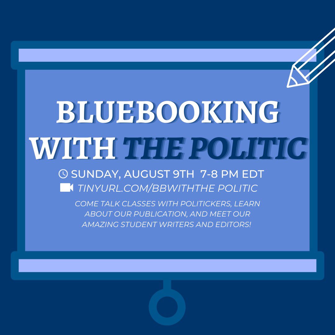 yalepolitic's tweet photo. Yalies! Join us for a #bluebooking Zoom call to learn about the best classes to take at Yale, Politic-style. Meet some Board members and get to know the club some more by joining the Zoom TODAY at 7PM EDT! See you there! :) https://t.co/Dv9yO17kYi