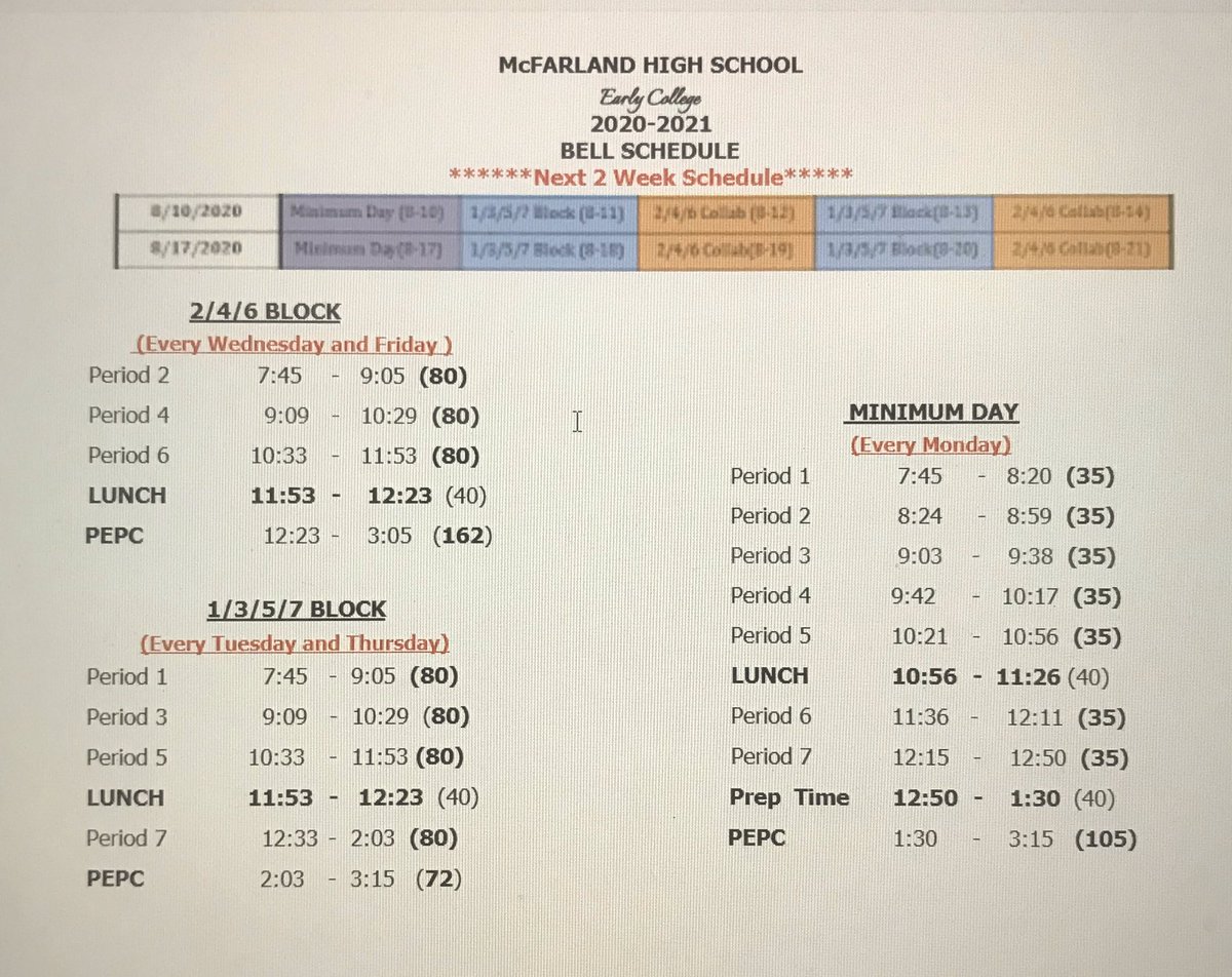 Here is the updated Bell schedule for the coming weeks during distance learning! 😀🤓😀