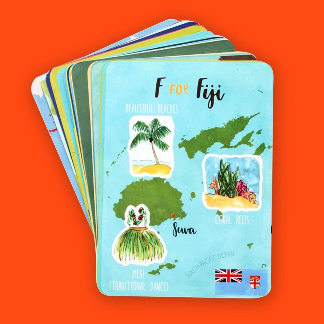 Fiji’s cluster of more than 300 islands is located in the middle of the South Pacific. Learn more about Fiji along with 25 other countries from our gorgeous "Where in the World? A-Z Country Flashcards. Click: ow.ly/N9hH50ASosn #learn #homeschool #children #school #bangla