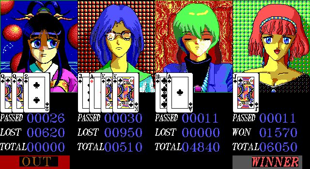 They also made a game in 1989 called Poker Relay (or "Happy Solitaire", where you play Patience (a type of solitaire) against assorted anime girls.