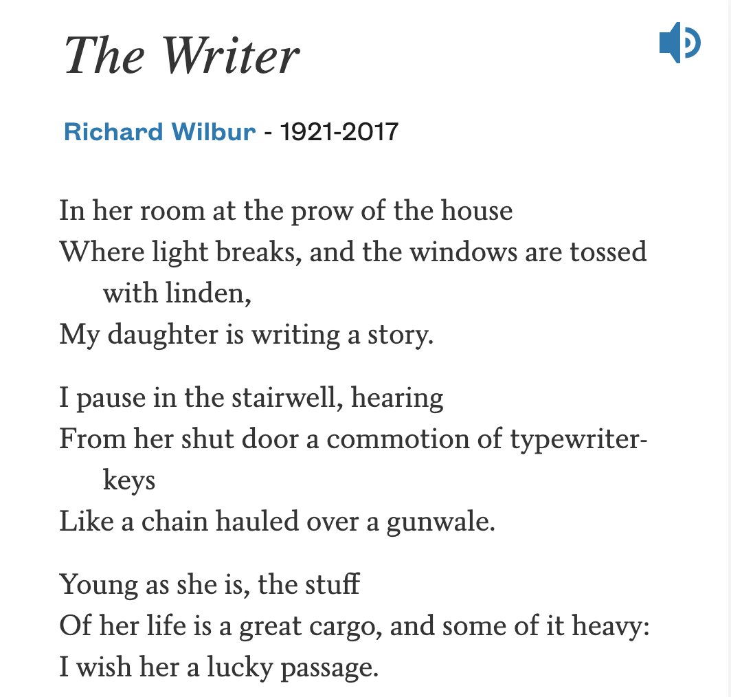 My favorite poem about being a father: "The Writer" by Richard Wilbur.