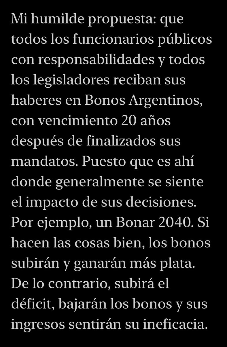 morandolucas's tweet image. Capo total @ClaudioZucho 
Adhiero a su propuesta de que los políticos ganen su sueldo en bonos soberanos (argentinos). Si la pudren, no cobran. Si hacen crecer al país, ganan más.