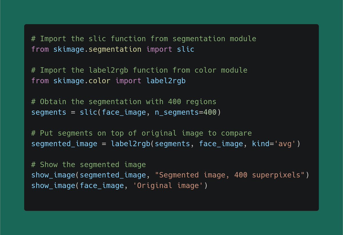 MphoMphego's tweet photo. Day 84:
- Learned about image denoising, restoration and most importantly segmentation using the SLIC (Simple Linear Iterative Clustering) filter algorithm which creates Superpixels based on k-mean clustering.
#100DaysOfCode #EdgeAI #Python
#ImageProcessingDatacamp https://t.co/MJT2Rmg8Oy