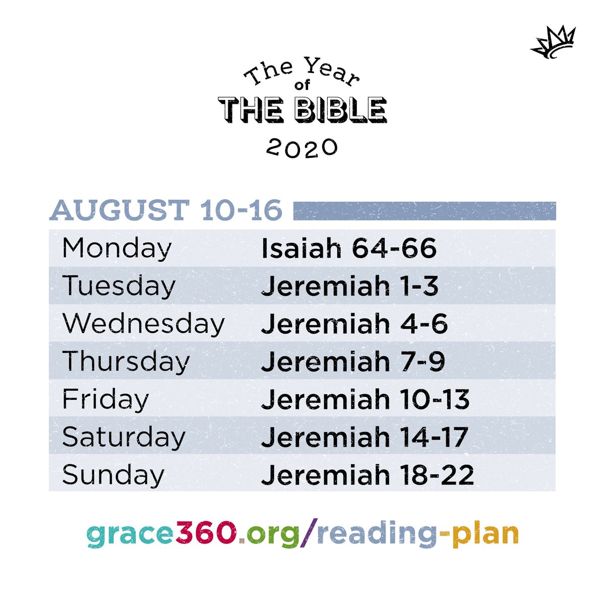 Reading the Bible in 2020 with Grace? Here are the chapters for this week. Check out grace360.org/reading-plan for details on how to start this plan on your phone or tablet or to download a copy of the entire plan.