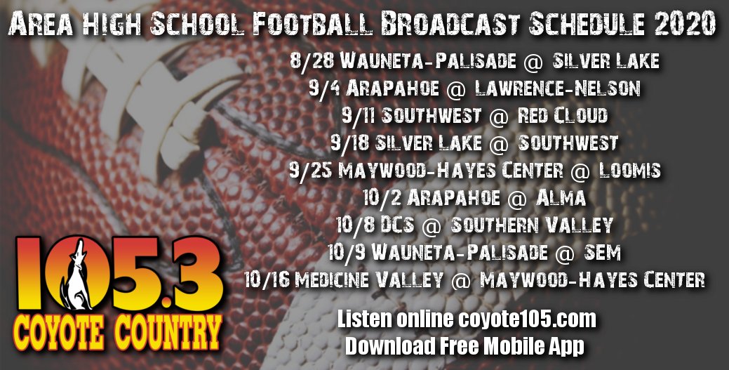 Coyote1053's tweet photo. Area High School Football Broadcast Schedule! 
Listen on Coyote Country 105.3 FM or online https://t.co/vIGrr5wprc.  Don't forget you can also download our all new FREE Mobile App from the App Store or Google Play Store.  Good Luck to all the area teams this season! #11moredays https://t.co/nDUKetuXkn