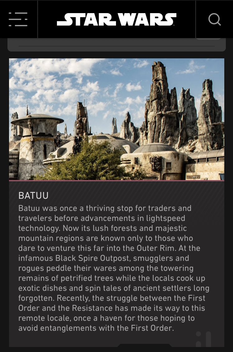 But the biggest one is Batuu aka: Galaxy’s EdgeBatuu was featured in the Thrawn reboot in both CW and Imperial eras and then it was the setting for GE’s release just in time for Tros promoGE is set, time wise, between TLJ and Tros.