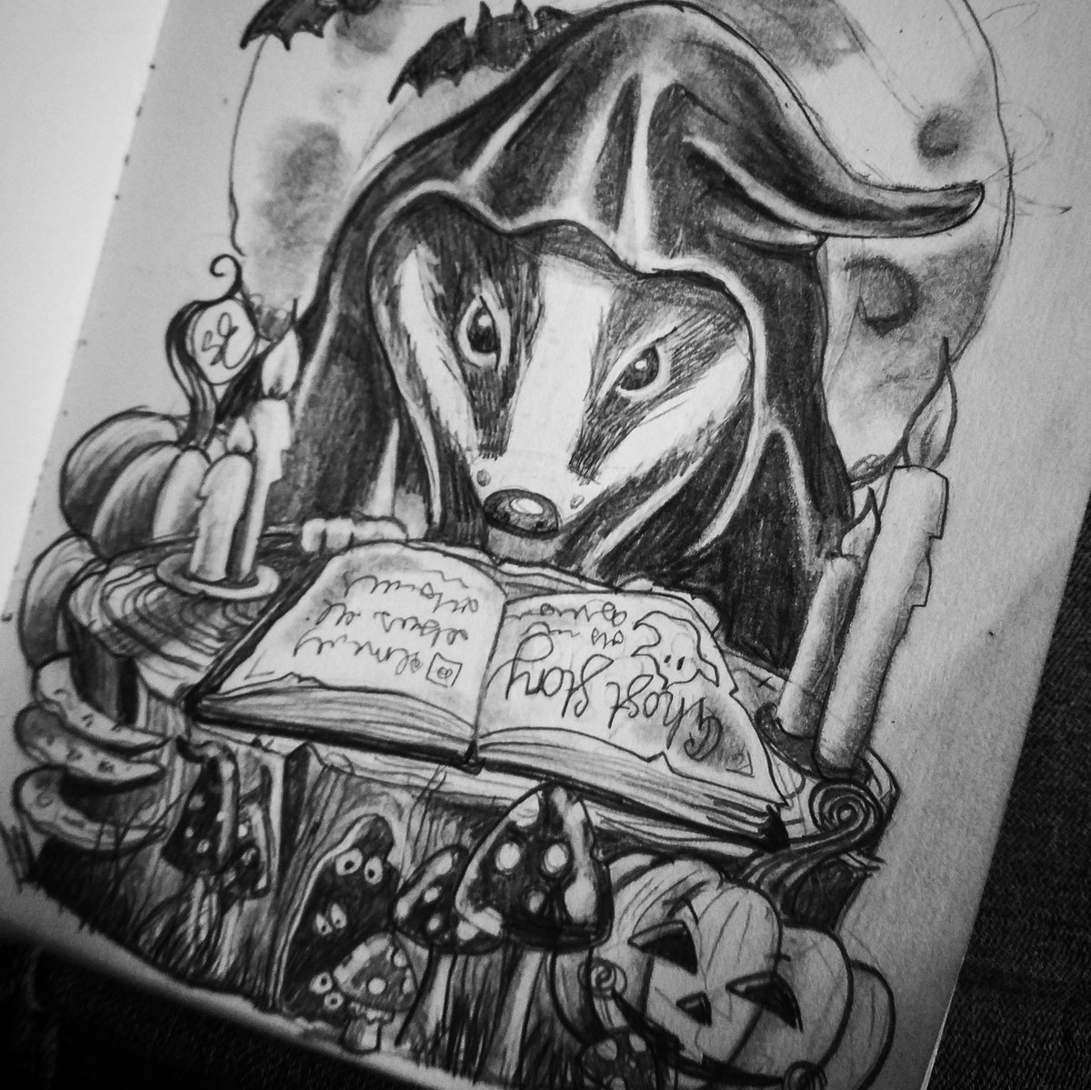 SandStarArt's tweet photo. Today is World Book Day so to celebrate here is a sketch I did of a badger reading a ghost story #worldbookday #Badger #Forest #Animals #halloweenart #Sketch #Art #SandstarArt https://t.co/10VncJ6zWR
