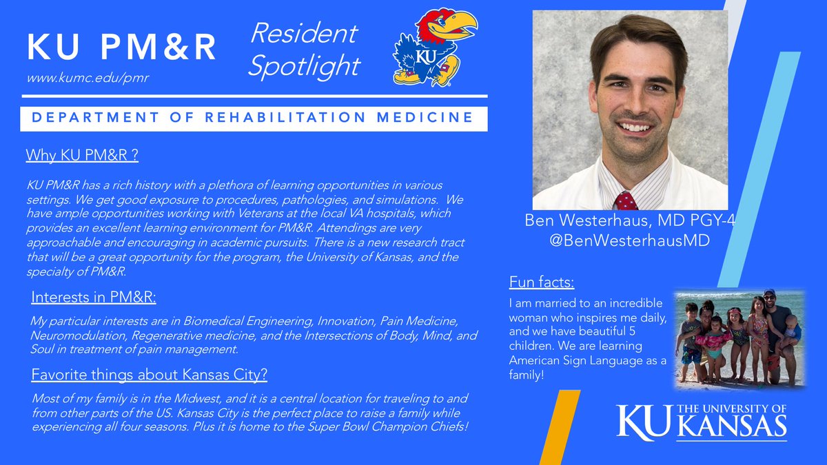 KU_PMR's tweet image. 🤩Sunday Night Resident Spotlight @KU_PMR PGY4 Academic Chief 🧠📚 @BenWesterhausMD 💉💪🏻🙌🏻 Give him a follow and stay tune for next week Spotlights for our PGY3 class! #KUGME @AAPhysiatrists @AAPhysiatry_RFC @AAPhysiatry_MSC @AAPMR @physiatrynow @PmrScholars #KUMC