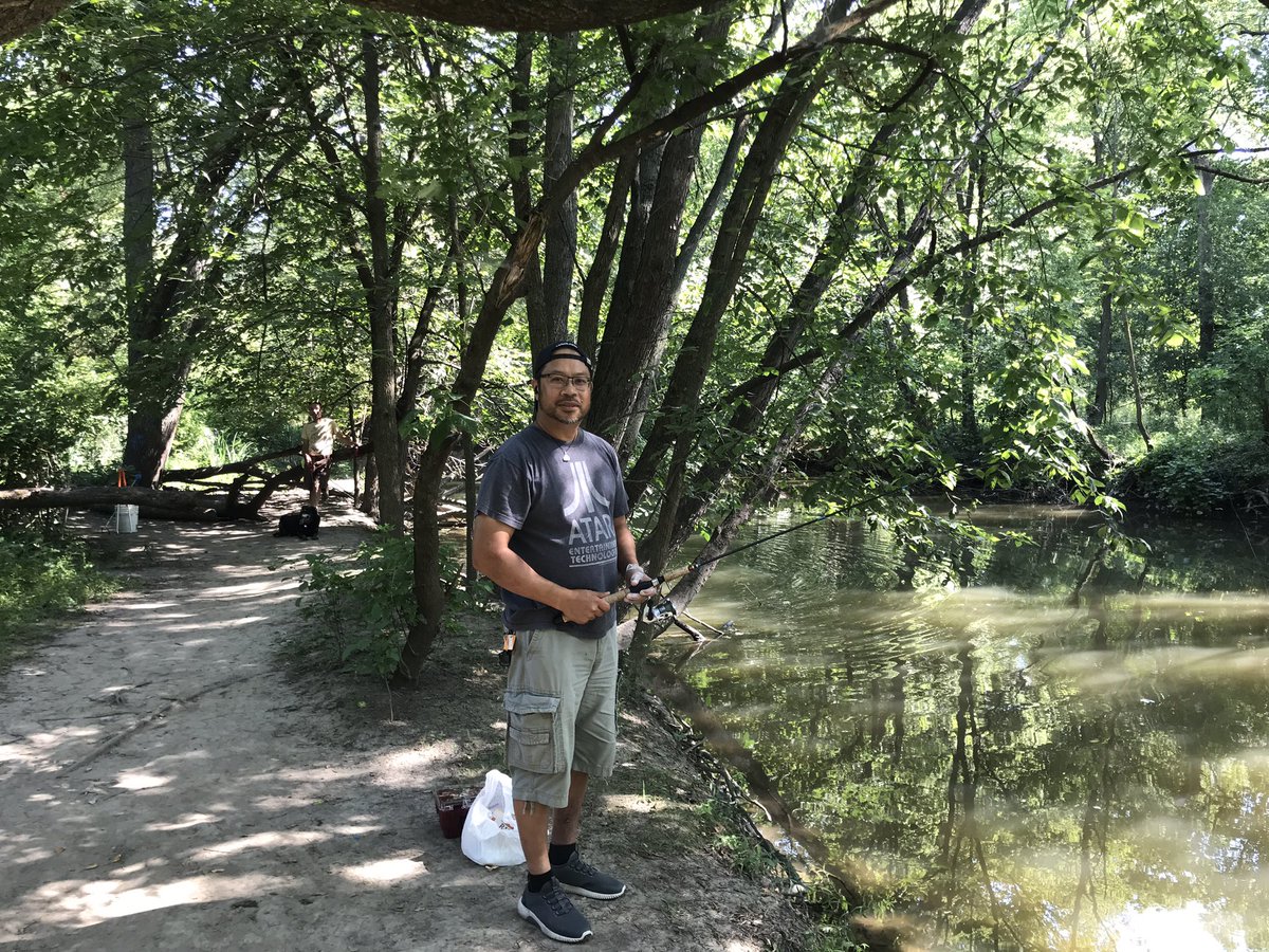 chicagoriver's tweet photo. Today Mark Yanong was enjoying the morning fishing along the Upper North Branch at LaBagh Woods. Unthinkable until the North Branch Dam came out in 2018 and more fish could get upstream. #removedams #gofishing @FPDCC @usacechicago @mwrd @americanrivers https://t.co/6hxFBLzytU