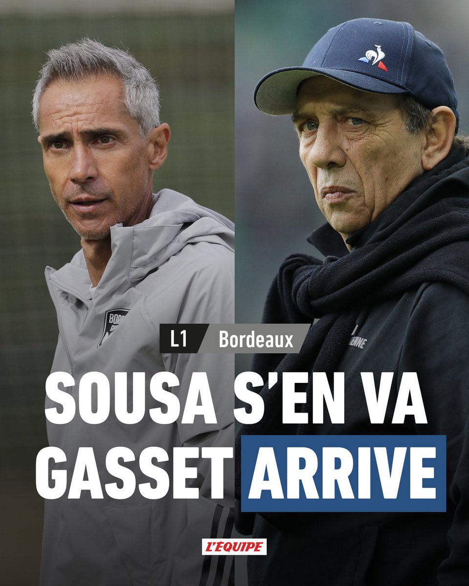 lequipe's tweet photo. Paulo Sousa va quitter les Girondins, Jean-Louis Gasset devrait lui succéder : https://t.co/J8eurj2RL4 https://t.co/xeAQrErEhJ