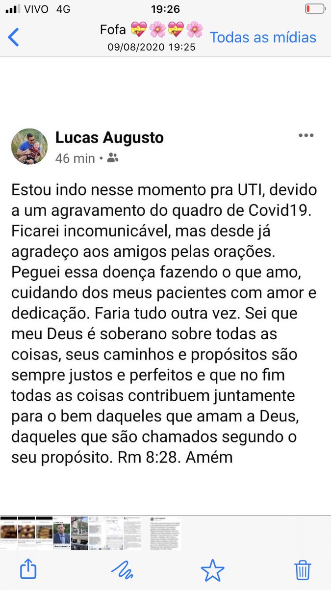 “Estou indo nesse momento pra UTI, devido a um agravamento do quadro de Covid-19 (...) Peguei essa doença fazendo o q amo, cuidando de meus pacientes (...) Faria tudo outra vez”. Lucas, médico, 32 anos, morreu ontem, vítima do coronavírus. Pai de dois bebês.