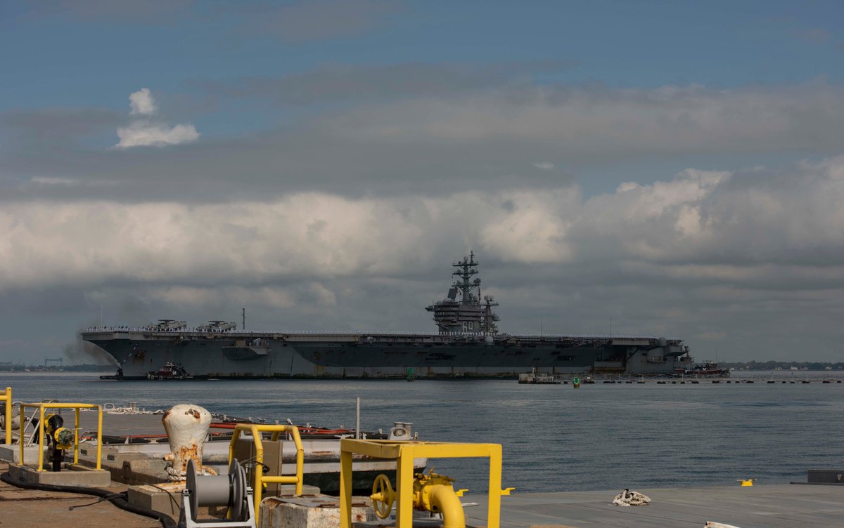 NORFOLK, Va. (Aug. 09, 2020) Sailors assigned to #USSDwightDEisenhower (#CVN69) man the rails as the ship returns to #NavalStationNorfolk after a regularly scheduled deployment in support of maritime security operations and theater security cooperation efforts.