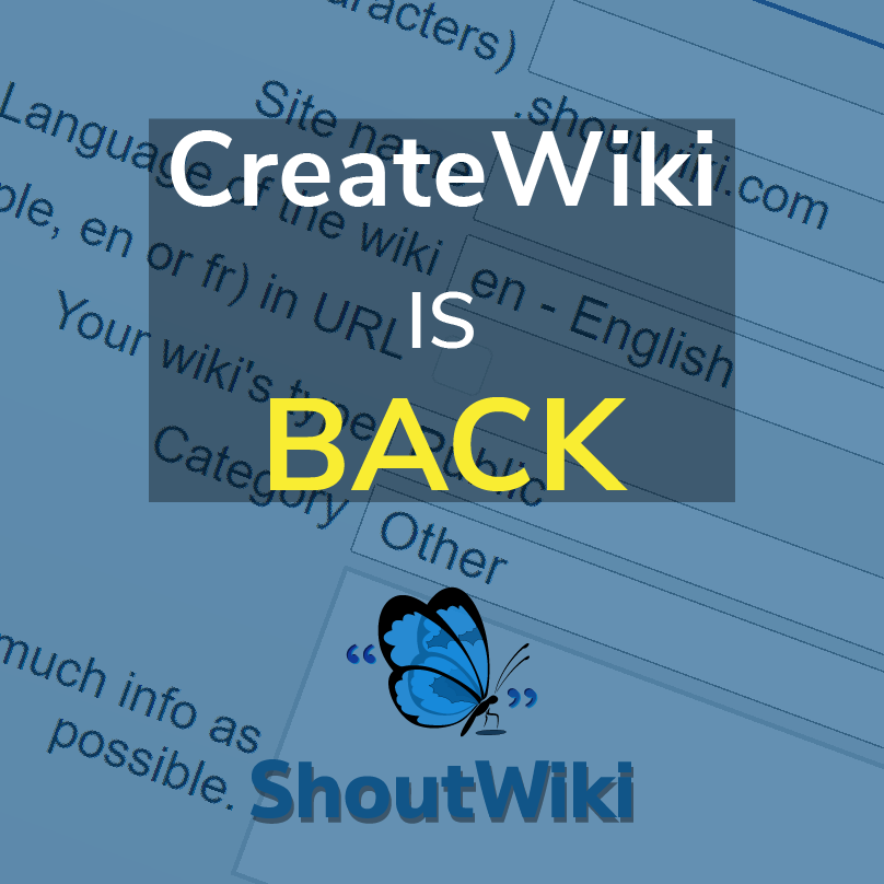 ShoutWiki's tweet photo. CreateWiki is back! Create your wiki now* at https://t.co/iN2eeqyTXU

*Subject to email confirmed account and sensible usage limits. https://t.co/r6etwDAXwX