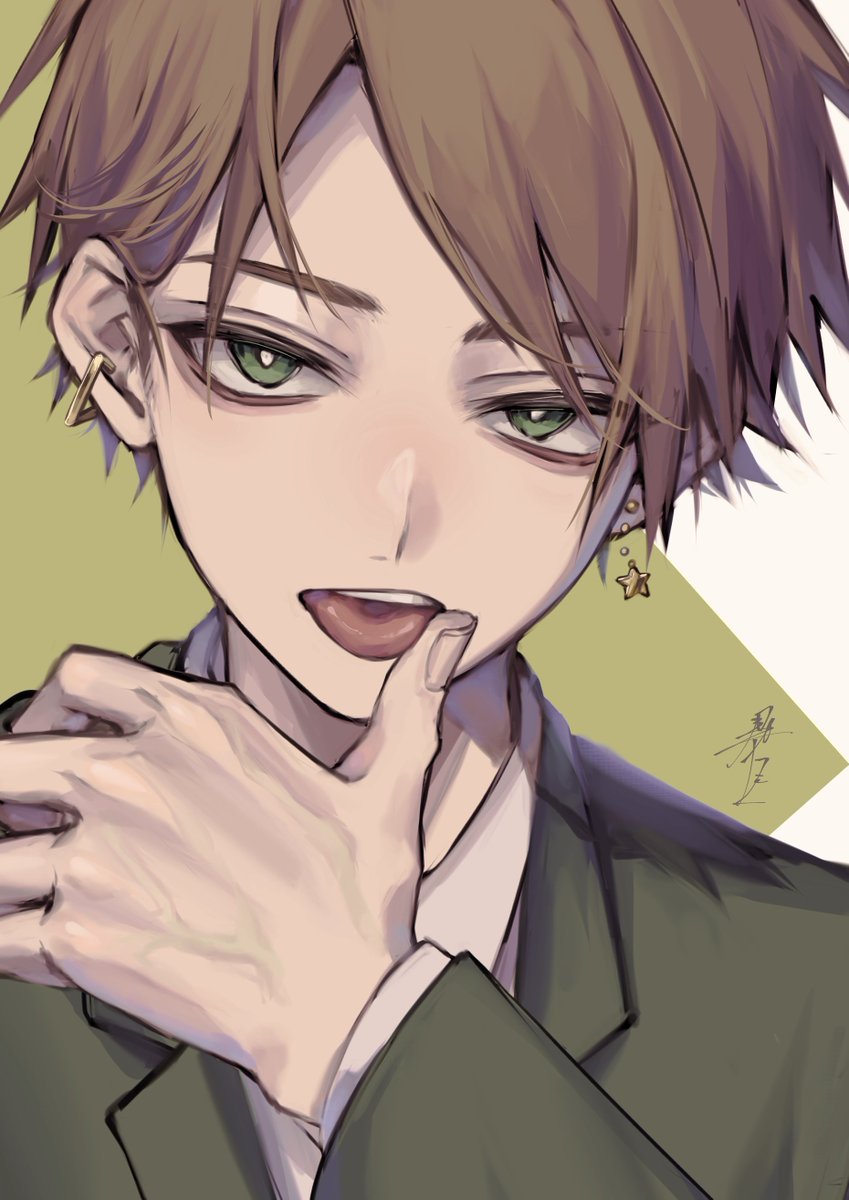 1boy male focus crown green eyes brown hair shirt solo  illustration images