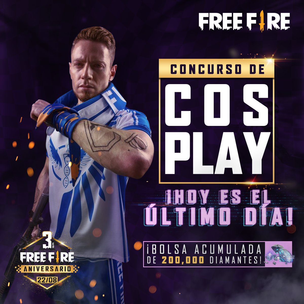 FreeFireARGOk's tweet photo. ¡Hoy es el último día para participar en el evento de cosplay! 🤩

💎💎 ¡Recuerda que hay una bolsa acumulada de 200,000 diamantes! 💎💎

👉🏻Inscríbete en: https://t.co/m09rhofXHc https://t.co/YNfmDlBUzM https://t.co/itgdmDw54d